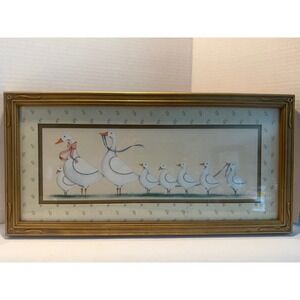 Vintage Homco Gold Framed Gaggle of Geese Family Blue & Pink bowls 18x8